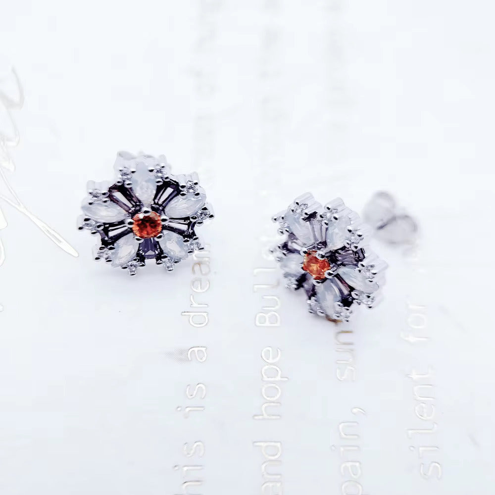 Flower With Stones Stud Earrings