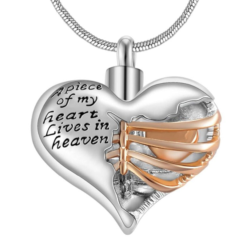 "A piece of my heart lives in heaven" Two tone heart locket cremation memorial pendant & necklace