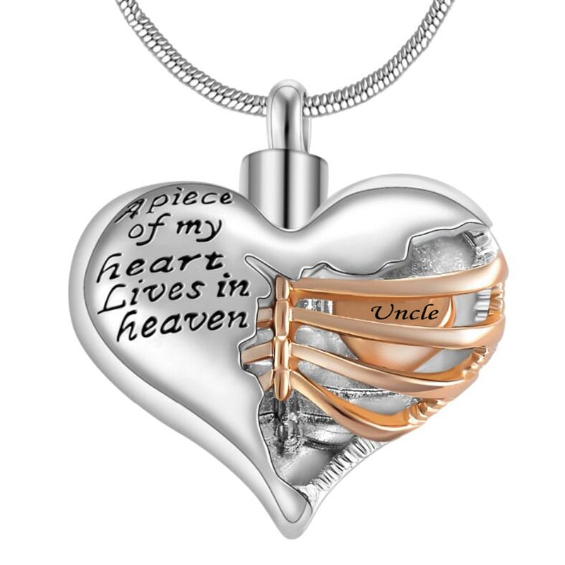 "A piece of my heart lives in heaven" Two tone heart locket cremation memorial pendant & necklace