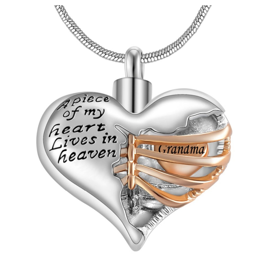 "A piece of my heart lives in heaven" Two tone heart locket cremation memorial pendant & necklace