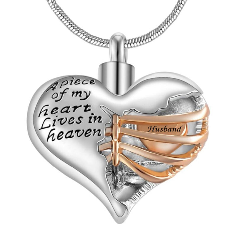 "A piece of my heart lives in heaven" Two tone heart locket cremation memorial pendant & necklace