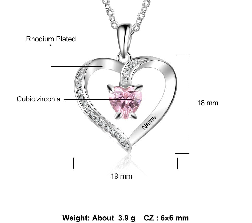 Personalized Heart Pendant with Name Engraving and choice of Cubic Zirconia Birthstone color