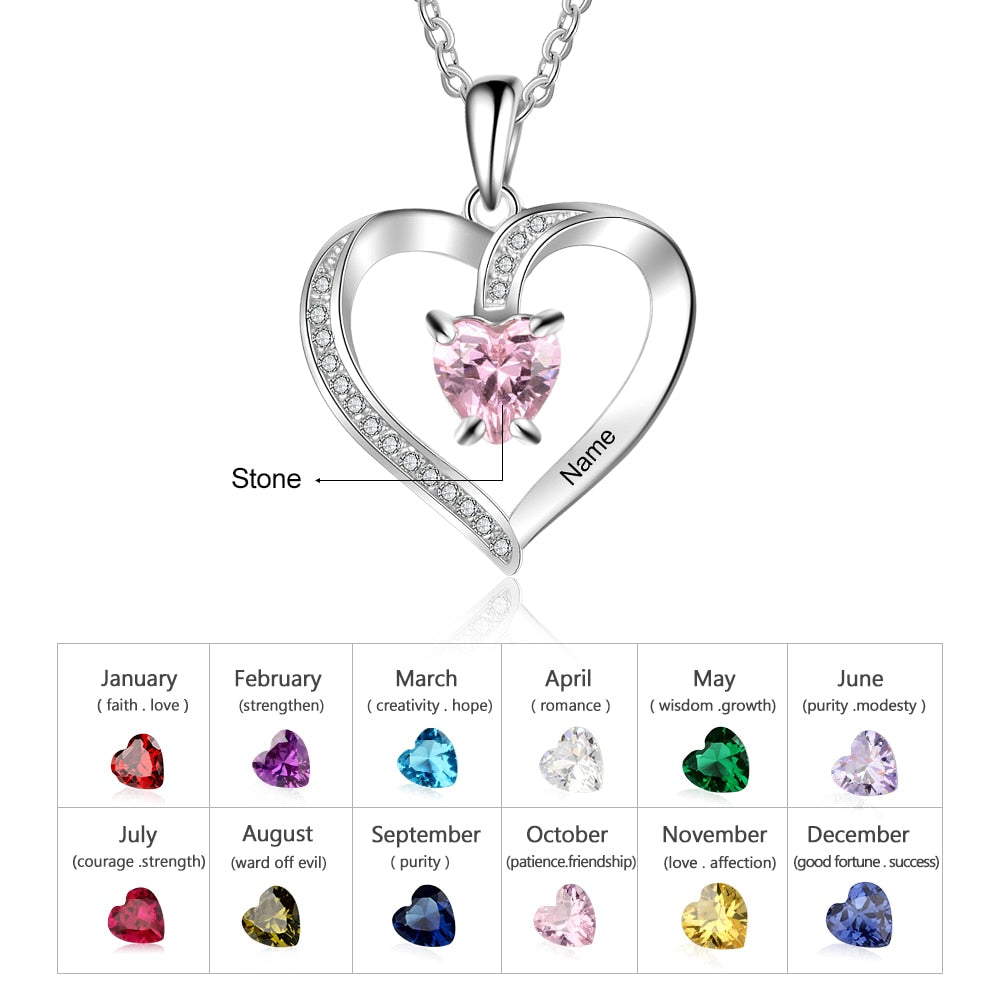 Personalized Heart Pendant with Name Engraving and choice of Cubic Zirconia Birthstone color