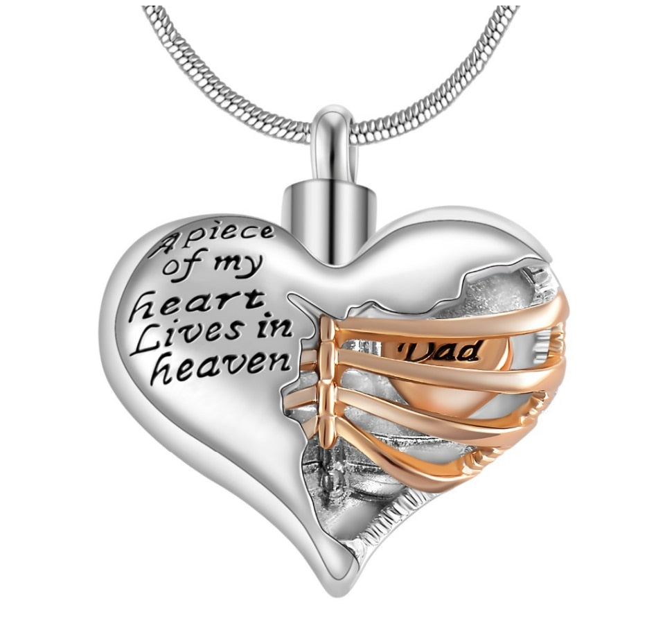 "A piece of my heart lives in heaven" Two tone heart locket cremation memorial pendant & necklace