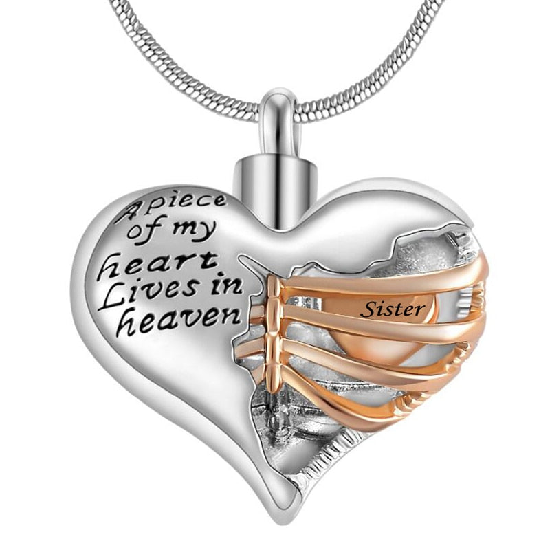 "A piece of my heart lives in heaven" Two tone heart locket cremation memorial pendant & necklace