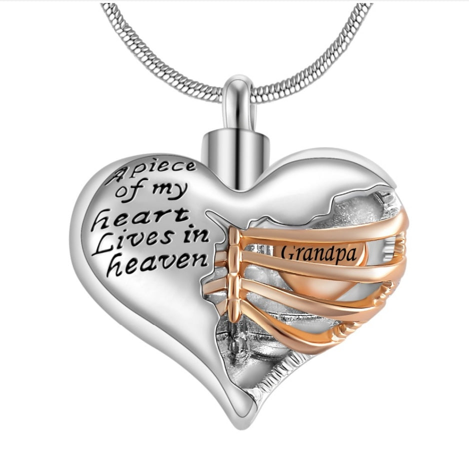 "A piece of my heart lives in heaven" Two tone heart locket cremation memorial pendant & necklace