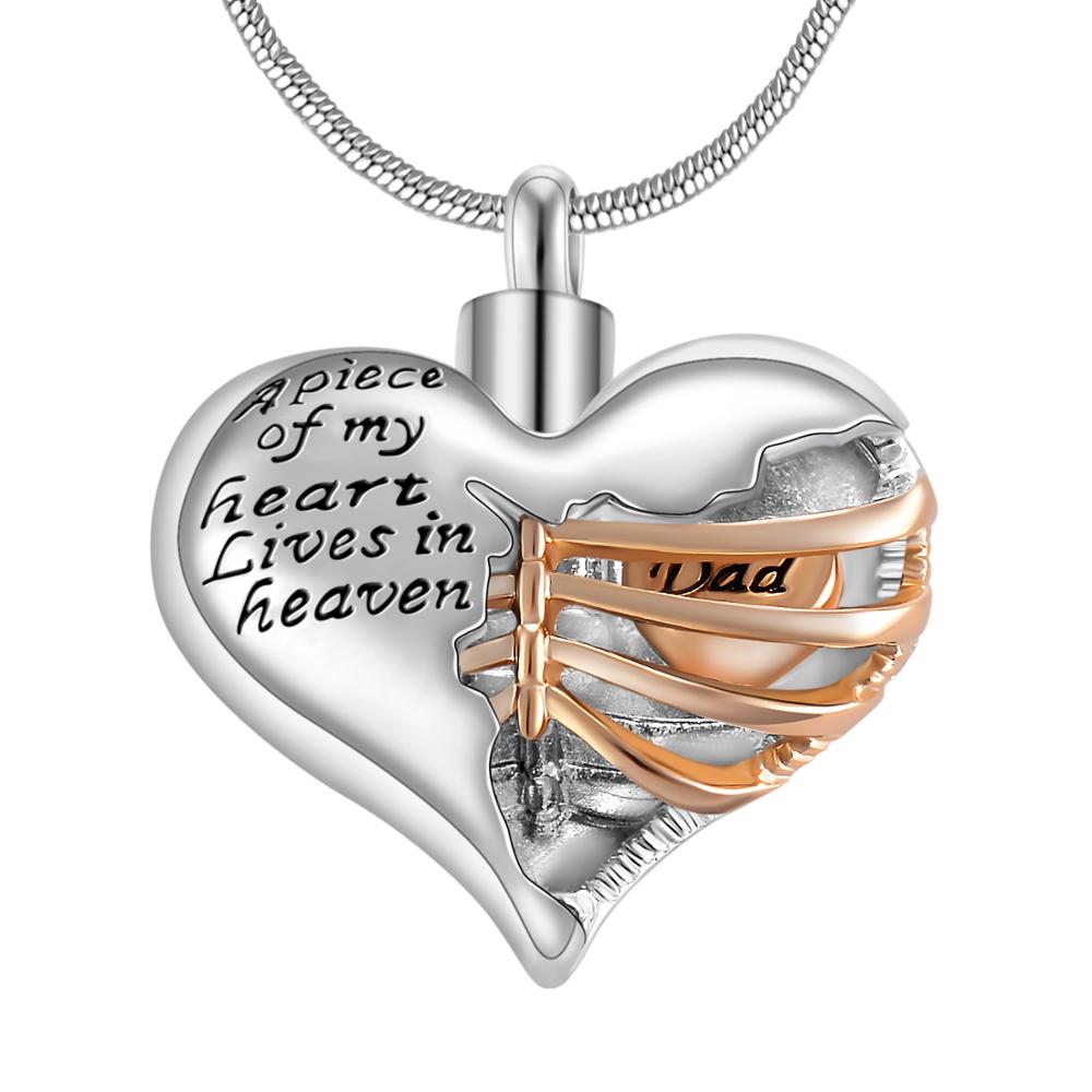 "A piece of my heart lives in heaven" Two tone heart locket cremation memorial pendant & necklace