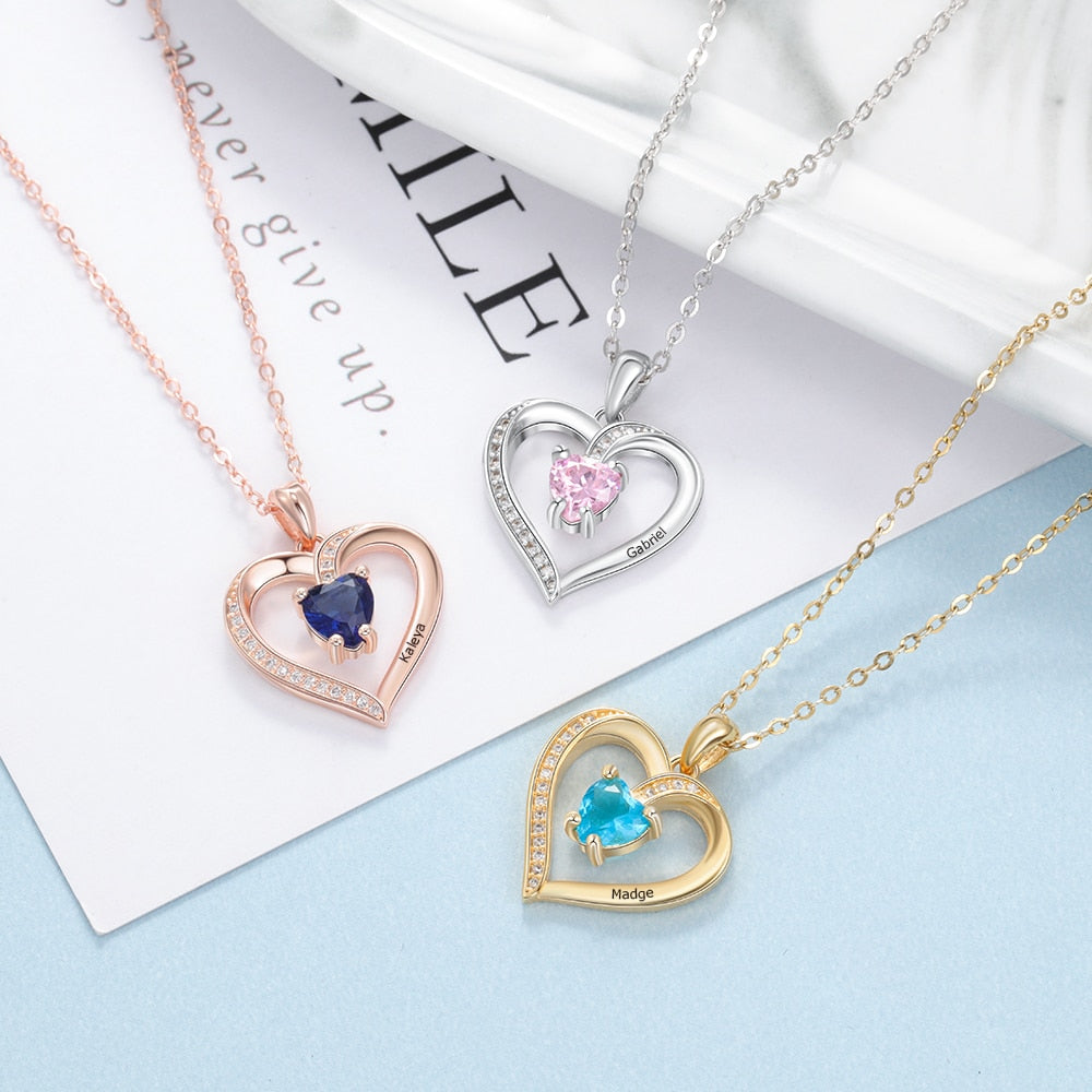 Personalized Heart Pendant with Name Engraving and choice of Cubic Zirconia Birthstone color