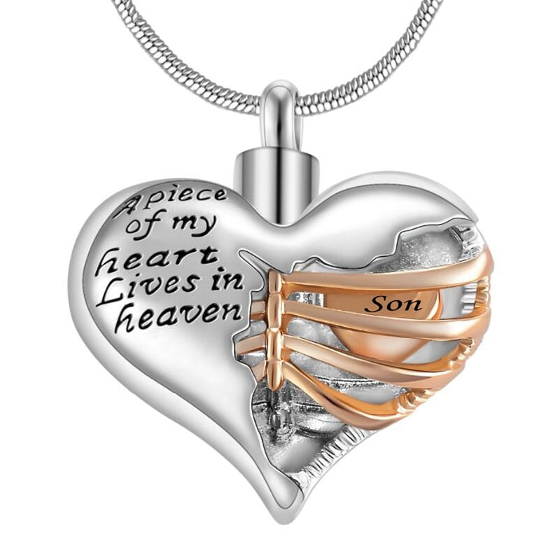 "A piece of my heart lives in heaven" Two tone heart locket cremation memorial pendant & necklace