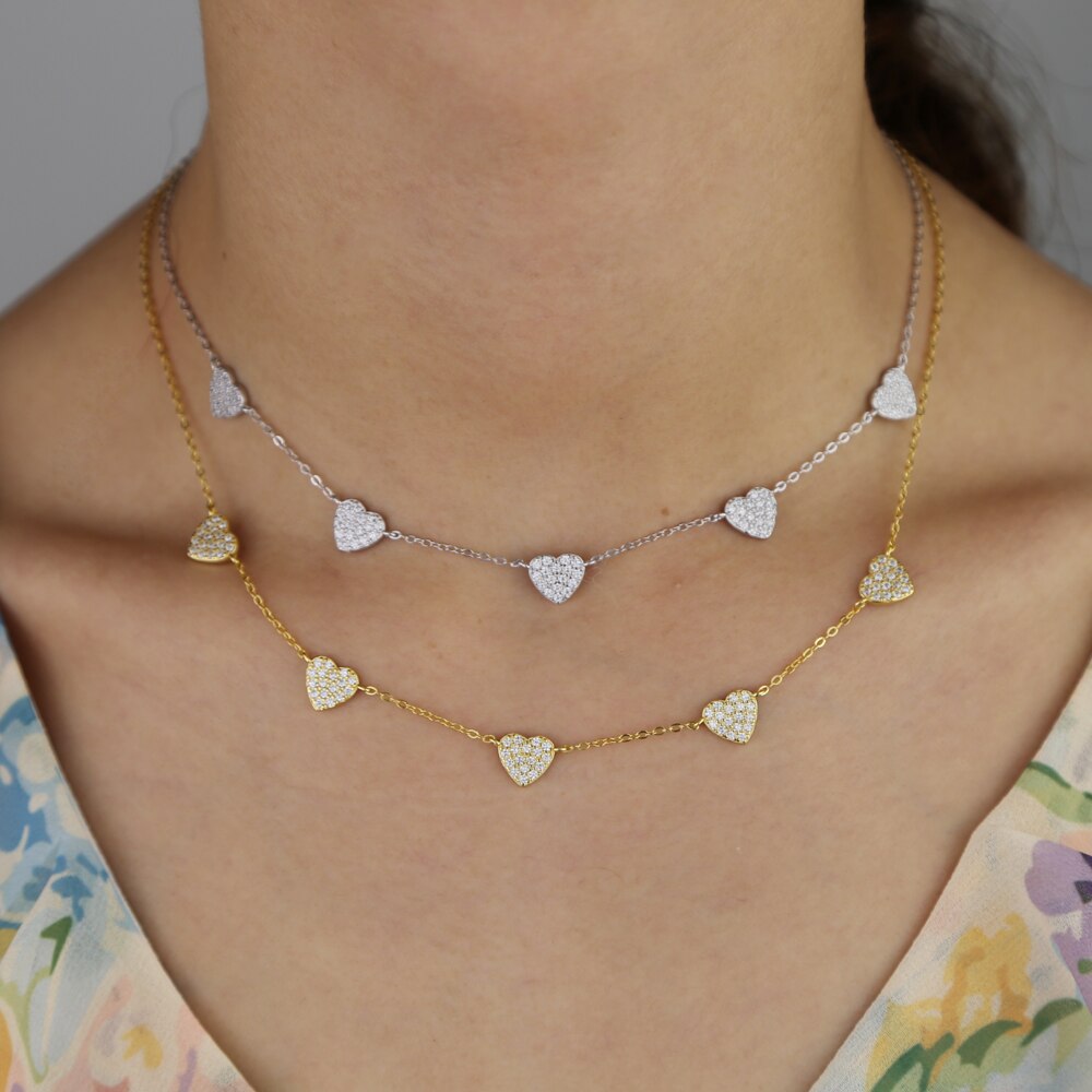 Sterling Silver Chocker Necklace with Hearts