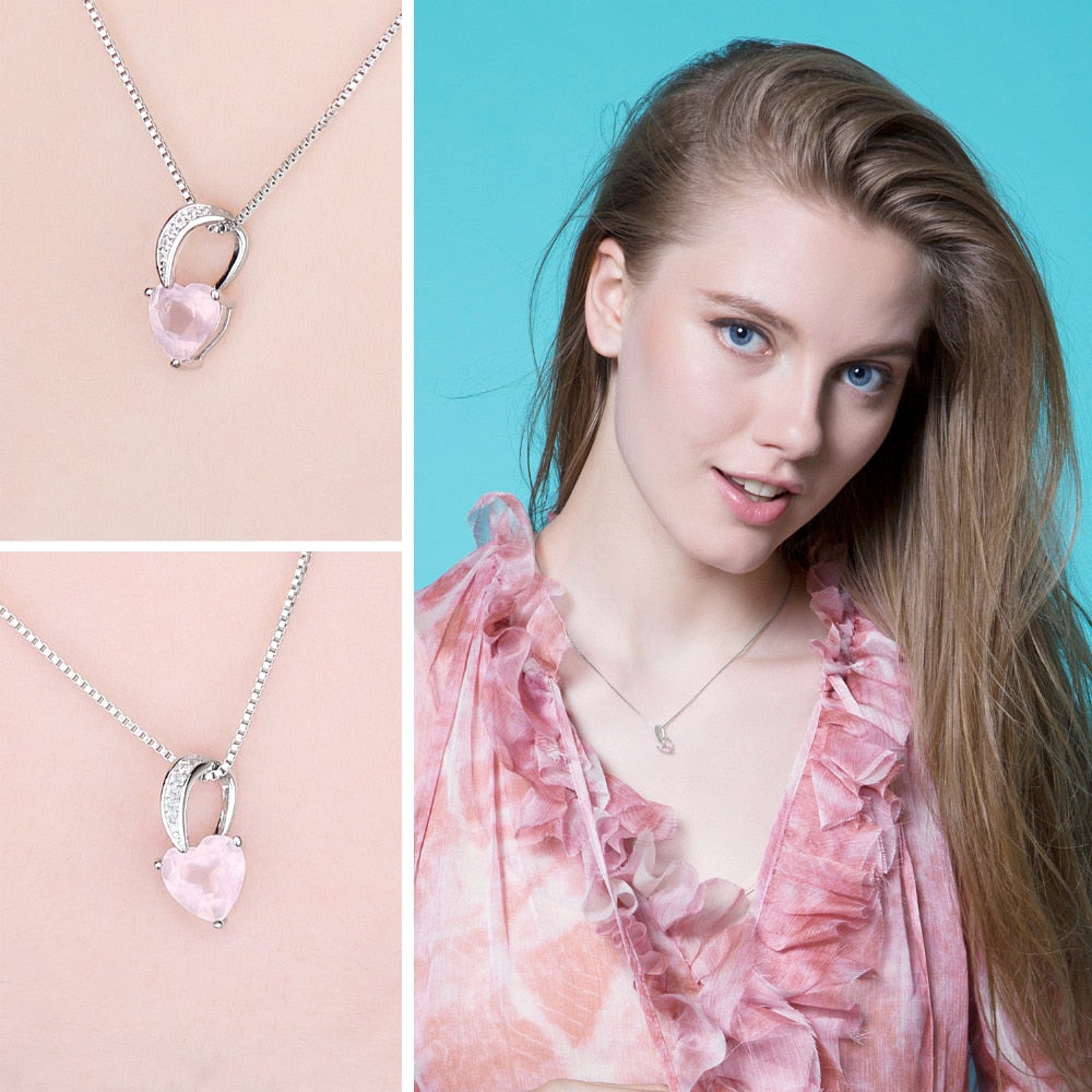 Love Heart Natural Pink Quartz Silver Pendant