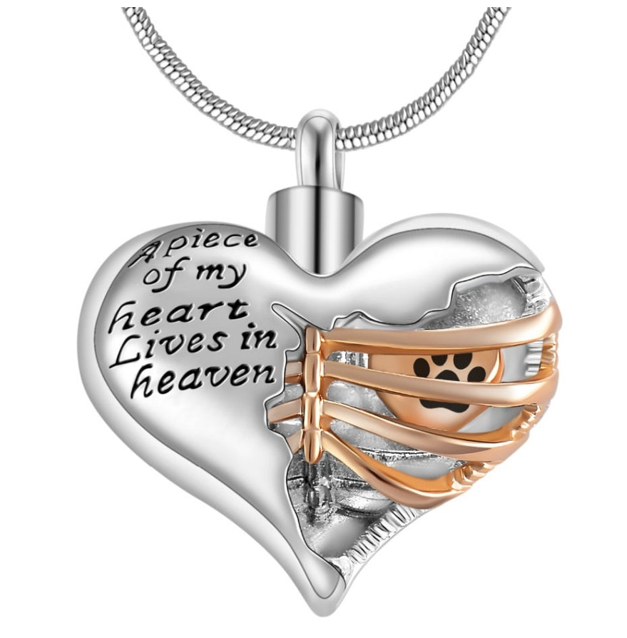 "A piece of my heart lives in heaven" Two tone heart locket cremation memorial pendant & necklace