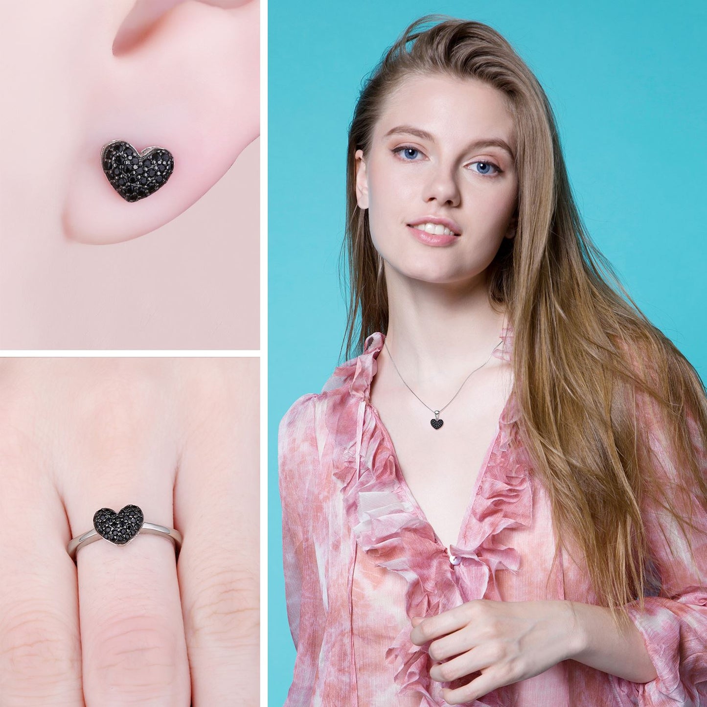 Heart Love Natural Black Spinel set of Silver Ring, Pendant Necklace & Stud Earrings