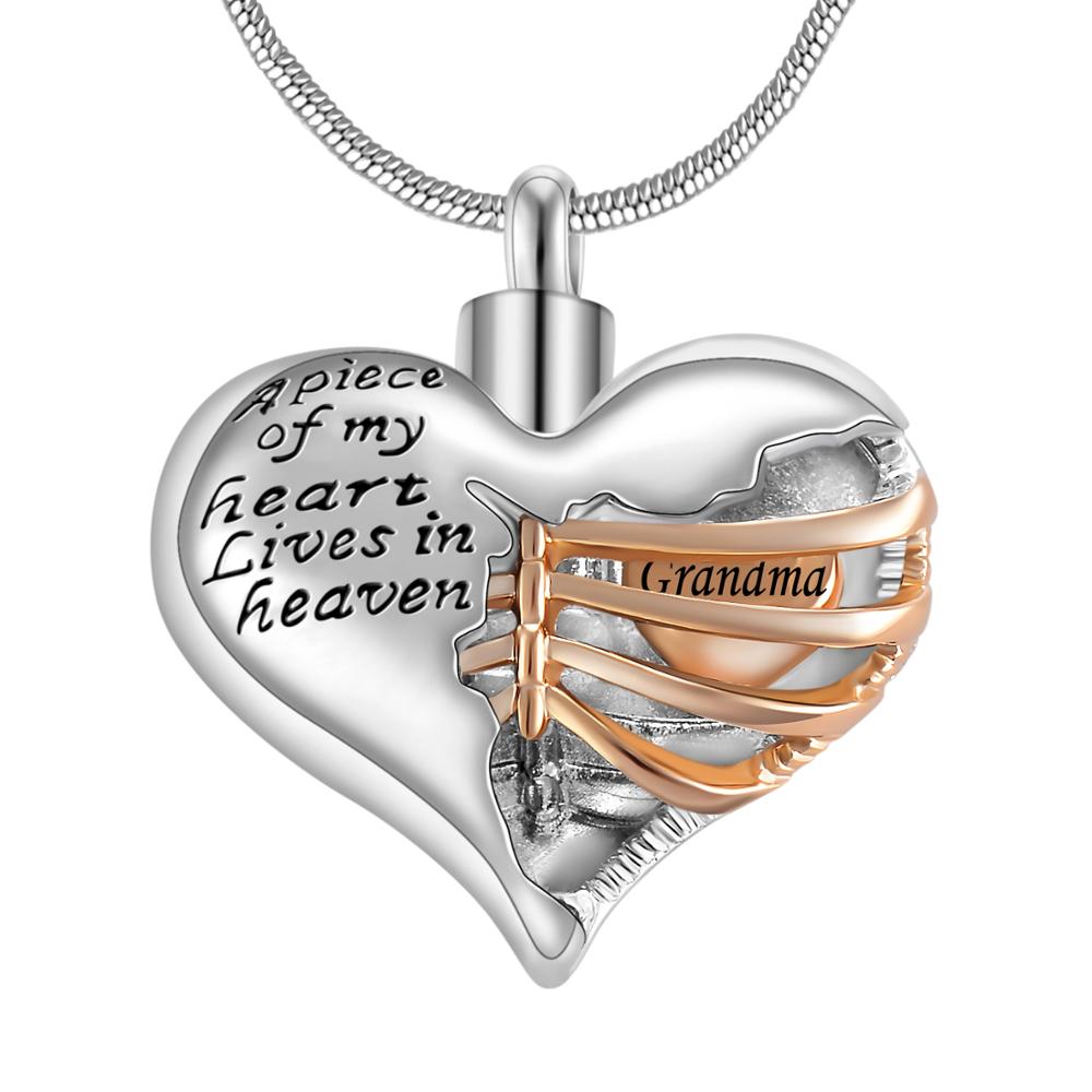 "A piece of my heart lives in heaven" Two tone heart locket cremation memorial pendant & necklace