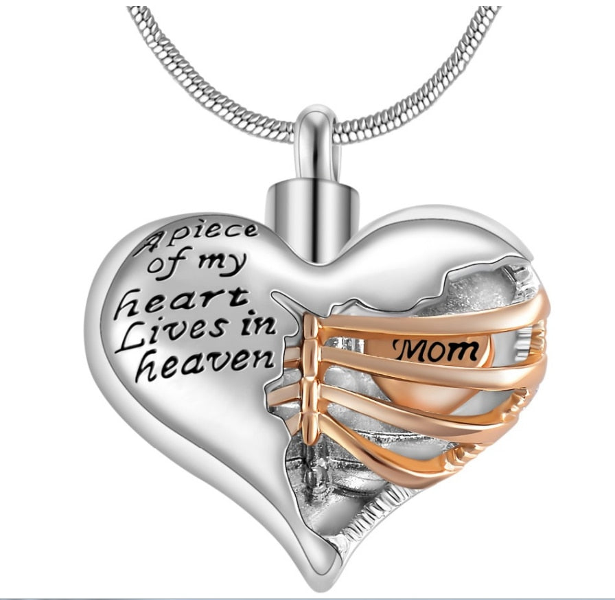 "A piece of my heart lives in heaven" Two tone heart locket cremation memorial pendant & necklace