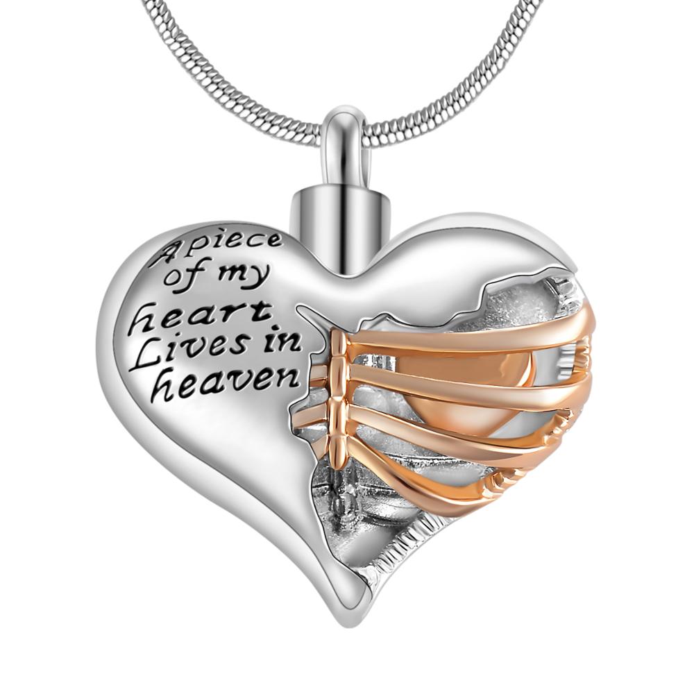 "A piece of my heart lives in heaven" Two tone heart locket cremation memorial pendant & necklace