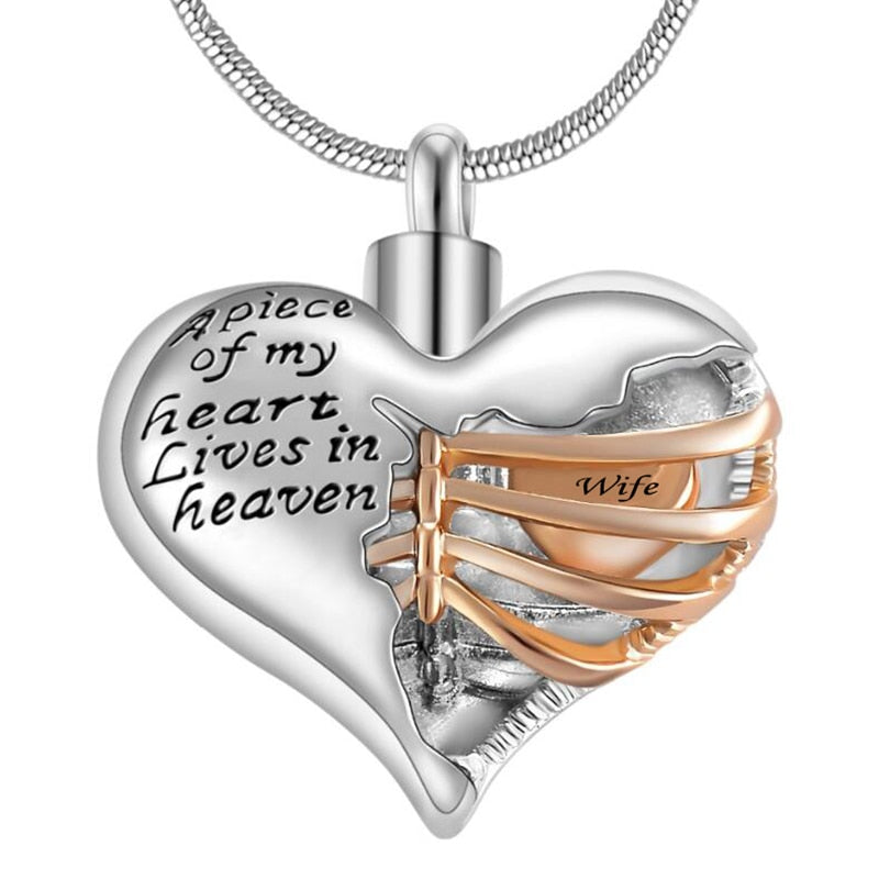 "A piece of my heart lives in heaven" Two tone heart locket cremation memorial pendant & necklace