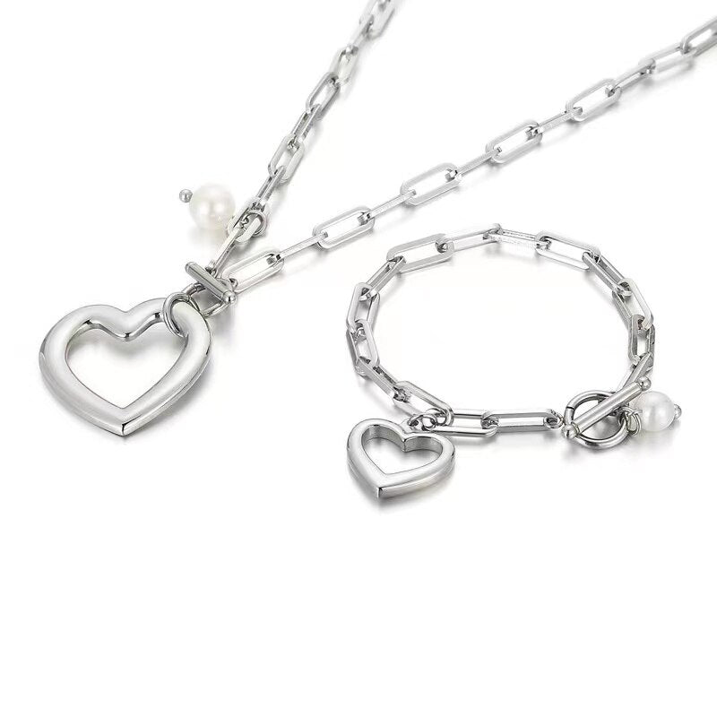 Heart with Pearl Necklace & Bracelet Set