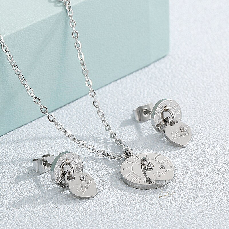 Love Heart Roman Numeral set of Pendant & Earrings