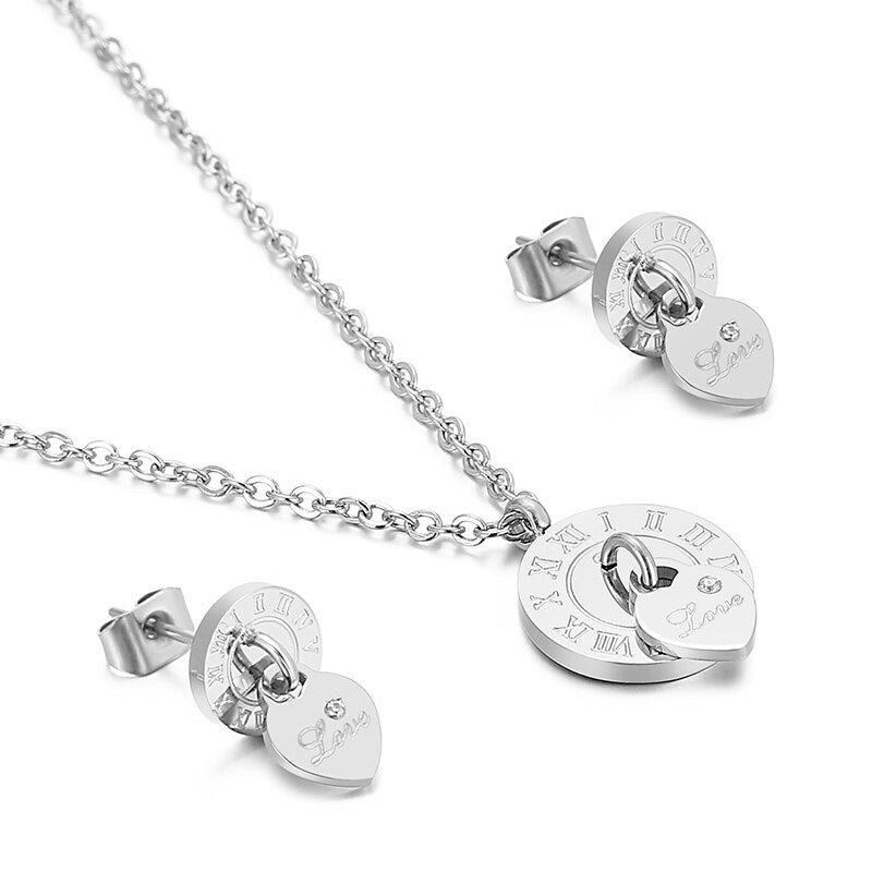 Love Heart Roman Numeral set of Pendant & Earrings